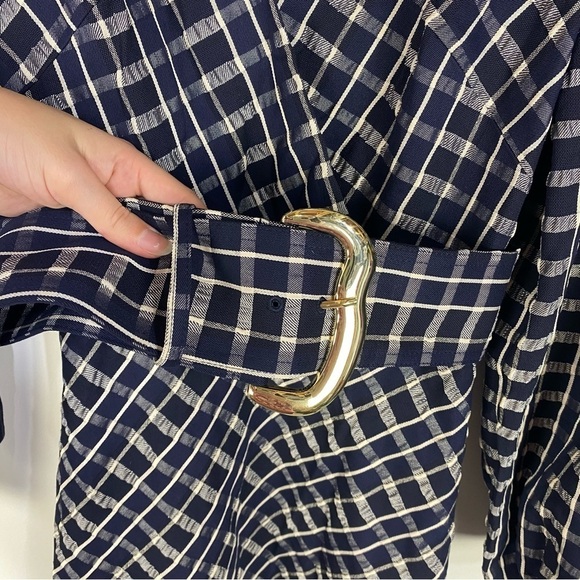 Tanya Taylor Nicola Navy Blue Plaid Long Sleeve Plunge Fit & Flare Mini Dress - Picture 3 of 6